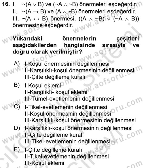 Sembolik Mantık Dersi 2021 - 2022 Yılı (Vize) Ara Sınav Soruları 16. Soru