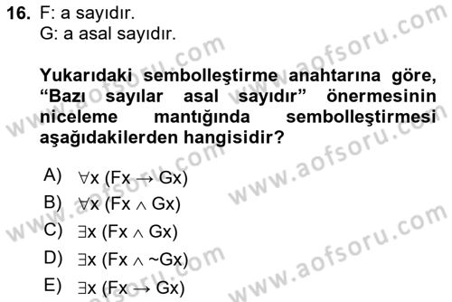 Sembolik Mantık Dersi 2021 - 2022 Yılı (Final) Dönem Sonu Sınav Soruları 16. Soru