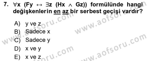 Sembolik Mantık Dersi 2021 - 2022 Yılı (Final) Dönem Sonu Sınav Soruları 7. Soru