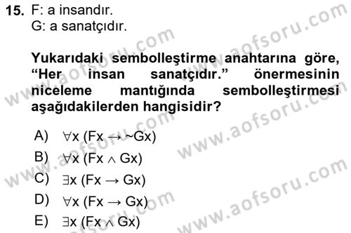 Sembolik Mantık Dersi 2021 - 2022 Yılı Yaz Okulu Sınav Soruları 15. Soru