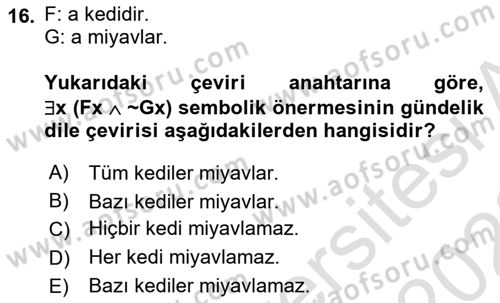Sembolik Mantık Dersi 2021 - 2022 Yılı Yaz Okulu Sınav Soruları 16. Soru