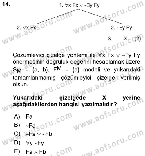 Sembolik Mantık Dersi 2022 - 2023 Yılı Yaz Okulu Sınav Soruları 14. Soru