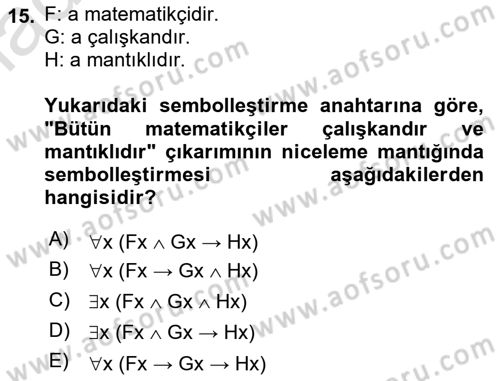 Sembolik Mantık Dersi 2022 - 2023 Yılı Yaz Okulu Sınav Soruları 15. Soru