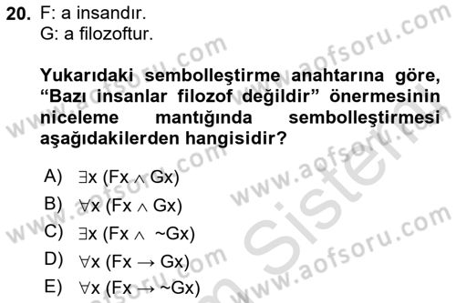 Sembolik Mantık Dersi 2022 - 2023 Yılı Yaz Okulu Sınav Soruları 20. Soru