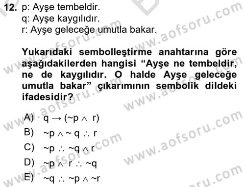 Sembolik Mantık Dersi 2023 - 2024 Yılı (Vize) Ara Sınav Soruları 12. Soru
