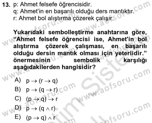 Sembolik Mantık Dersi 2023 - 2024 Yılı (Vize) Ara Sınavı 13. Soru