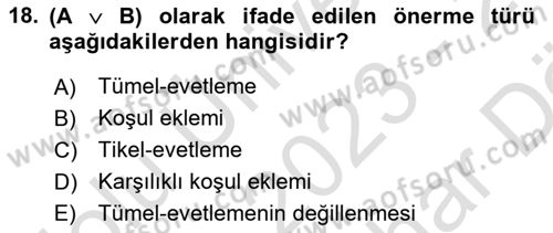 Sembolik Mantık Dersi 2023 - 2024 Yılı (Vize) Ara Sınavı 18. Soru