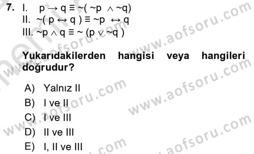 Sembolik Mantık Dersi 2023 - 2024 Yılı (Vize) Ara Sınavı 7. Soru