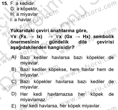 Sembolik Mantık Dersi 2023 - 2024 Yılı (Final) Dönem Sonu Sınav Soruları 15. Soru