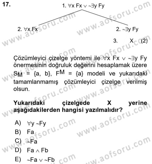 Sembolik Mantık Dersi 2023 - 2024 Yılı (Final) Dönem Sonu Sınav Soruları 17. Soru