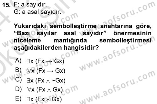 Sembolik Mantık Dersi 2023 - 2024 Yılı Yaz Okulu Sınav Soruları 15. Soru