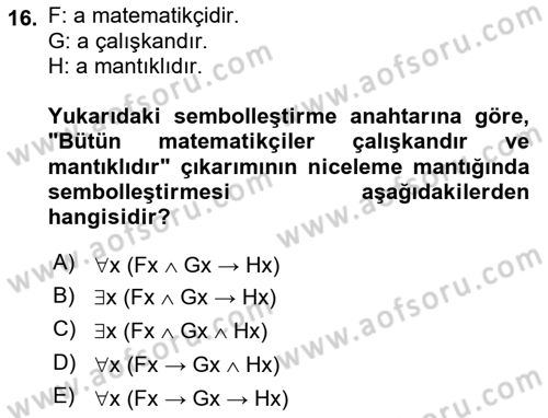 Sembolik Mantık Dersi 2023 - 2024 Yılı Yaz Okulu Sınav Soruları 16. Soru