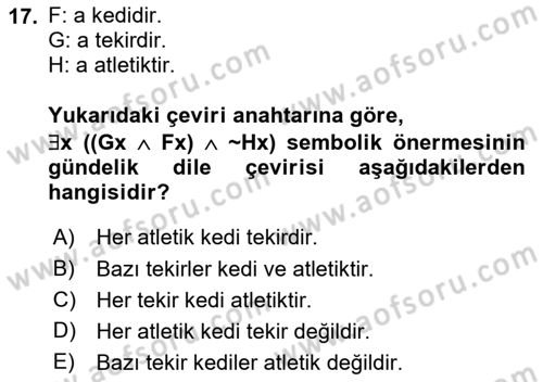 Sembolik Mantık Dersi 2023 - 2024 Yılı Yaz Okulu Sınav Soruları 17. Soru