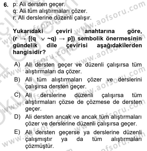 Sembolik Mantık Dersi 2023 - 2024 Yılı Yaz Okulu Sınav Soruları 6. Soru