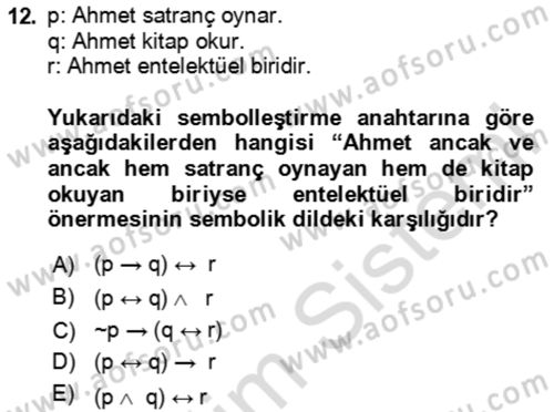 Sembolik Mantık Dersi 2024 - 2025 Yılı (Vize) Ara Sınav Soruları 12. Soru