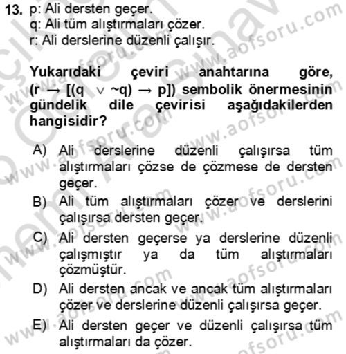 Sembolik Mantık Dersi 2024 - 2025 Yılı (Vize) Ara Sınav Soruları 13. Soru