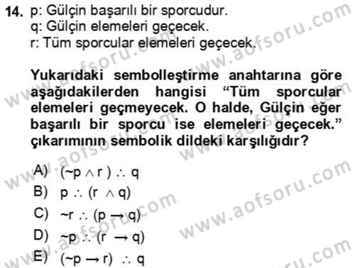 Sembolik Mantık Dersi 2024 - 2025 Yılı (Vize) Ara Sınav Soruları 14. Soru