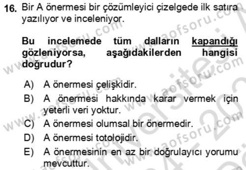 Sembolik Mantık Dersi 2024 - 2025 Yılı (Vize) Ara Sınav Soruları 16. Soru