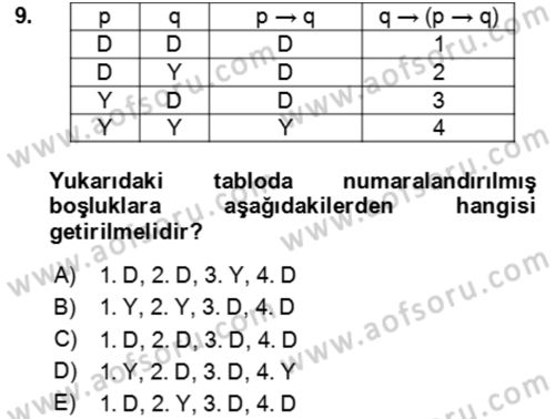Sembolik Mantık Dersi 2024 - 2025 Yılı (Vize) Ara Sınav Soruları 9. Soru