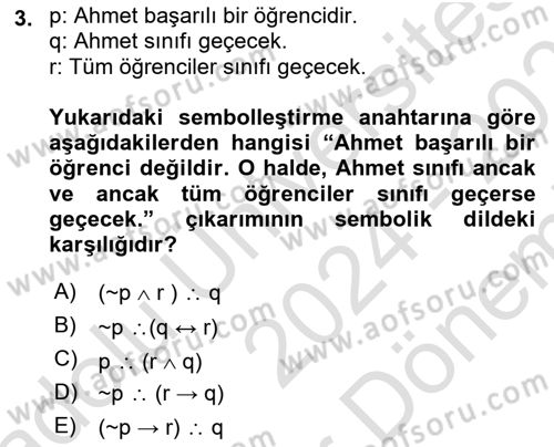 Sembolik Mantık Dersi 2024 - 2025 Yılı (Final) Dönem Sonu Sınav Soruları 3. Soru