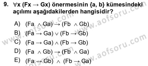 Sembolik Mantık Dersi 2024 - 2025 Yılı (Final) Dönem Sonu Sınav Soruları 9. Soru