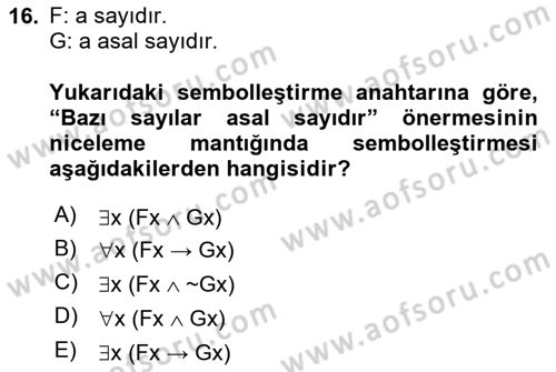 Sembolik Mantık Dersi 2024 - 2025 Yılı Yaz Okulu Sınav Soruları 16. Soru
