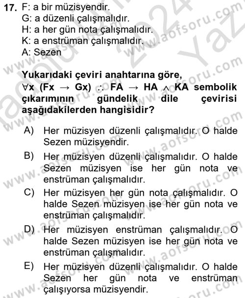 Sembolik Mantık Dersi 2024 - 2025 Yılı Yaz Okulu Sınav Soruları 17. Soru