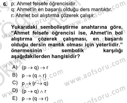 Sembolik Mantık Dersi 2024 - 2025 Yılı Yaz Okulu Sınav Soruları 6. Soru