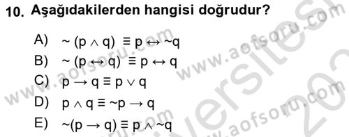Sembolik Mantık Dersi 2025 - 2026 Yılı (Vize) Ara Sınav Soruları 10. Soru