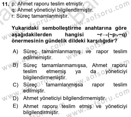 Sembolik Mantık Dersi 2025 - 2026 Yılı (Vize) Ara Sınav Soruları 11. Soru