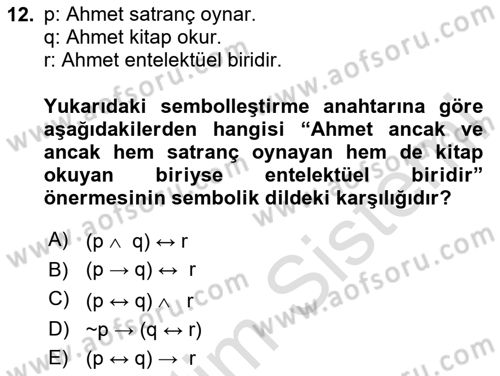 Sembolik Mantık Dersi 2025 - 2026 Yılı (Vize) Ara Sınav Soruları 12. Soru