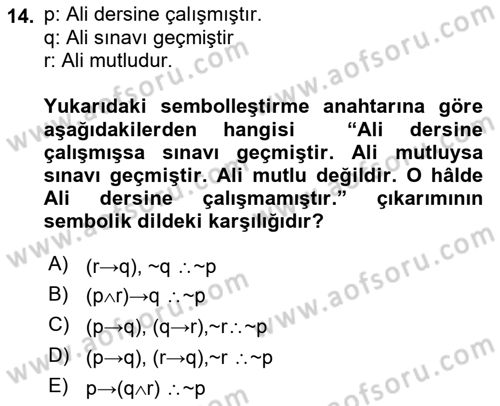 Sembolik Mantık Dersi 2025 - 2026 Yılı (Vize) Ara Sınav Soruları 14. Soru