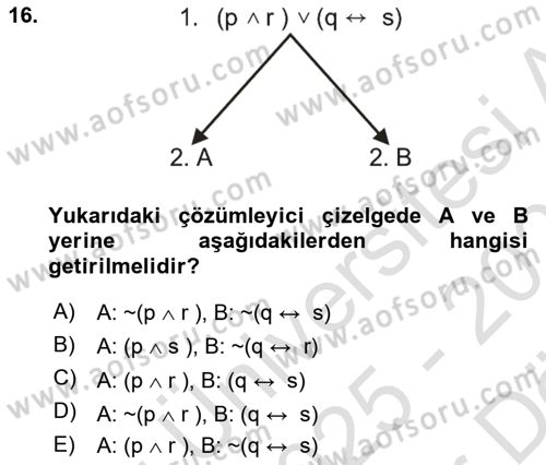 Sembolik Mantık Dersi 2025 - 2026 Yılı (Vize) Ara Sınav Soruları 16. Soru