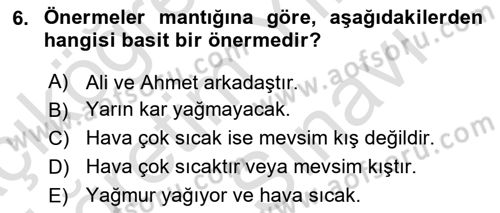 Sembolik Mantık Dersi 2025 - 2026 Yılı (Vize) Ara Sınav Soruları 6. Soru