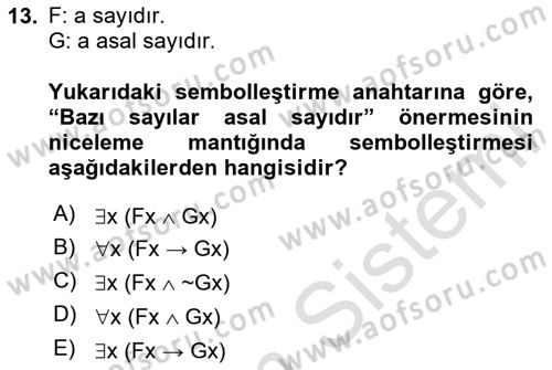 Sembolik Mantık Dersi 2025 - 2026 Yılı (Final) Dönem Sonu Sınav Soruları 13. Soru