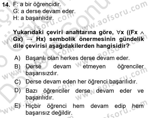 Sembolik Mantık Dersi 2025 - 2026 Yılı (Final) Dönem Sonu Sınav Soruları 14. Soru