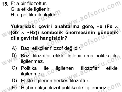 Sembolik Mantık Dersi 2025 - 2026 Yılı (Final) Dönem Sonu Sınav Soruları 15. Soru