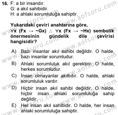 Sembolik Mantık Dersi 2025 - 2026 Yılı (Final) Dönem Sonu Sınav Soruları 16. Soru