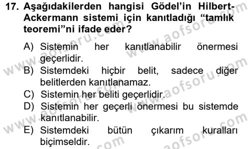 Mantığın Gelişimi Dersi 2014 - 2015 Yılı (Final) Dönem Sonu Sınav Soruları 17. Soru