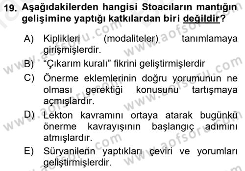 Mantığın Gelişimi Dersi 2018 - 2019 Yılı (Vize) Ara Sınavı 19. Soru