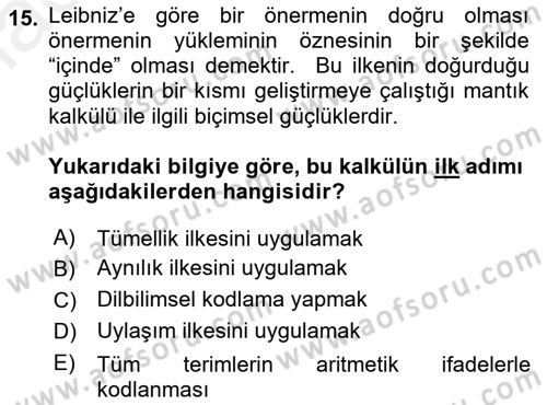 Mantığın Gelişimi Dersi 2018 - 2019 Yılı (Final) Dönem Sonu Sınav Soruları 15. Soru