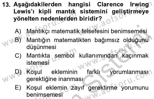 Mantığın Gelişimi Dersi 2018 - 2019 Yılı Yaz Okulu Sınav Soruları 13. Soru