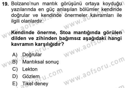 Mantığın Gelişimi Dersi 2020 - 2021 Yılı Yaz Okulu Sınav Soruları 19. Soru