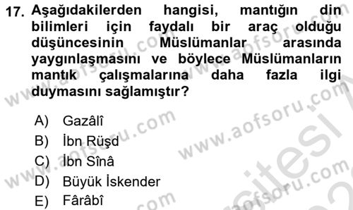 Mantığın Gelişimi Dersi 2021 - 2022 Yılı (Vize) Ara Sınav Soruları 17. Soru