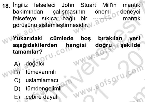 Mantığın Gelişimi Dersi 2021 - 2022 Yılı (Final) Dönem Sonu Sınav Soruları 18. Soru