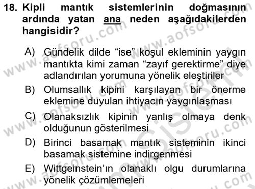 Mantığın Gelişimi Dersi 2023 - 2024 Yılı (Final) Dönem Sonu Sınav Soruları 18. Soru