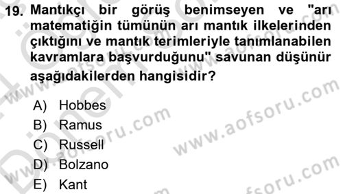 Mantığın Gelişimi Dersi 2023 - 2024 Yılı (Final) Dönem Sonu Sınav Soruları 19. Soru