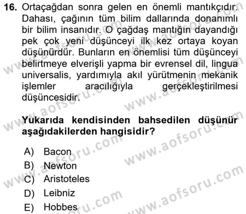 Mantığın Gelişimi Dersi 2023 - 2024 Yılı Yaz Okulu Sınav Soruları 16. Soru