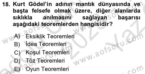 Mantığın Gelişimi Dersi 2023 - 2024 Yılı Yaz Okulu Sınav Soruları 18. Soru
