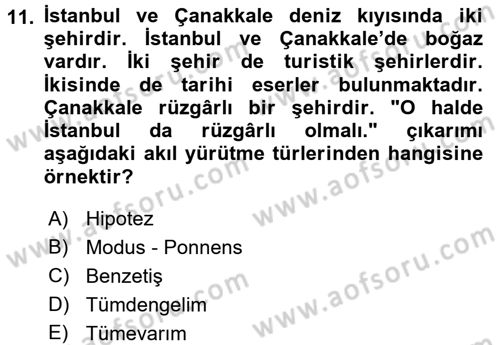Klasik Mantık Dersi 2015 - 2016 Yılı (Vize) Ara Sınav Soruları 11. Soru